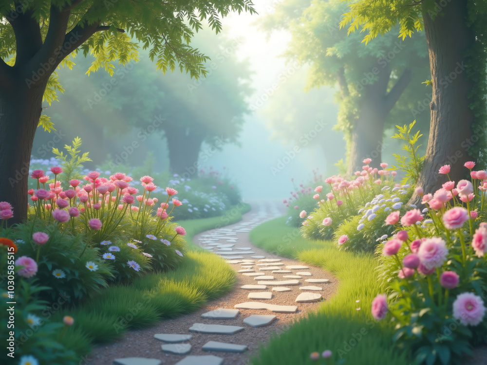 Fototapeta premium Stone path winding through a beautiful flower garden