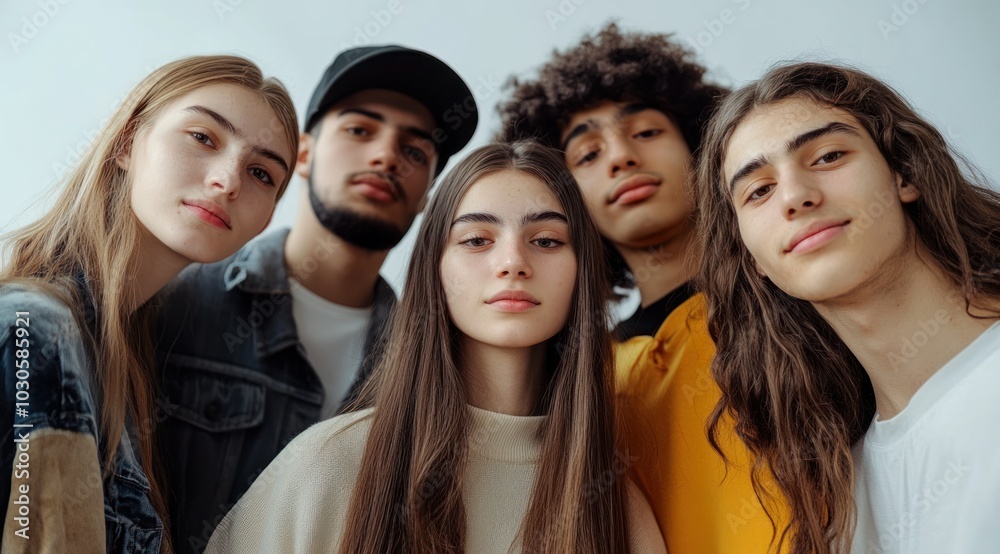 Several teenagers of different races and ethnicities pose in front of the screen, with different types of hair, staring at the viewer with neutral expressions Several teenagers of different races and ethnicities pose in front of the screen, with different types of hair, staring at the viewer with neutral expressions