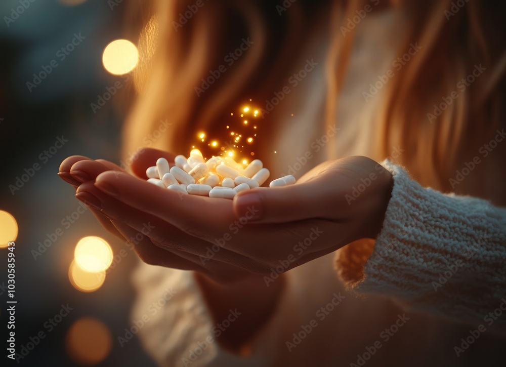 A person's hands holding white capsules with glowing particles, suggesting magic or healing. A person's hands holding white capsules with glowing particles, suggesting magic or healing.