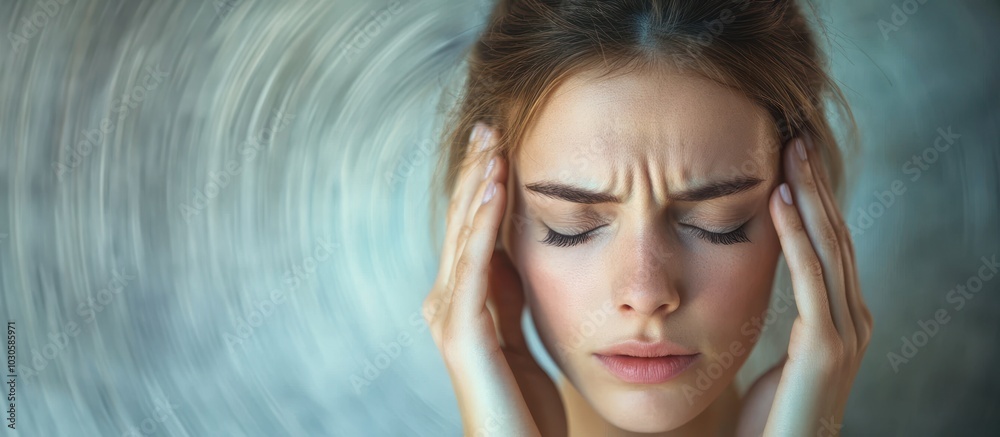 Woman with a headache holding her temples, with a blurred background of a swirling motion. Woman with a headache holding her temples, with a blurred background of a swirling motion.