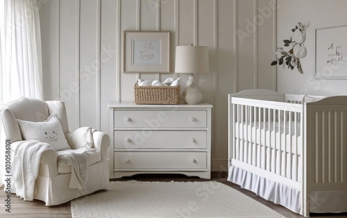 Cozy and elegant nursery featuring a crib, dresser, and comfortable armchair in soft colors