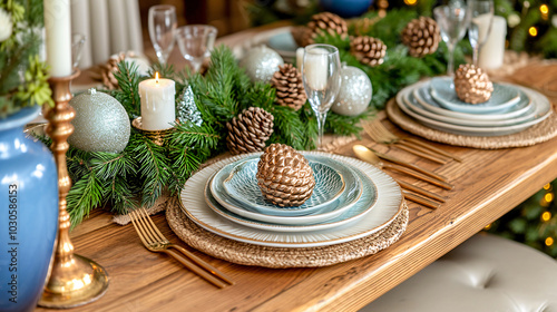 Christmas table setting with golden pine cones, candles and garland