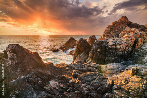 Beautiful landscape of Pacific Ocean coast along Highway 1 and Big Sur, aerial view, sunset, sunrise, fog. Concept, travel, vacation, weekend