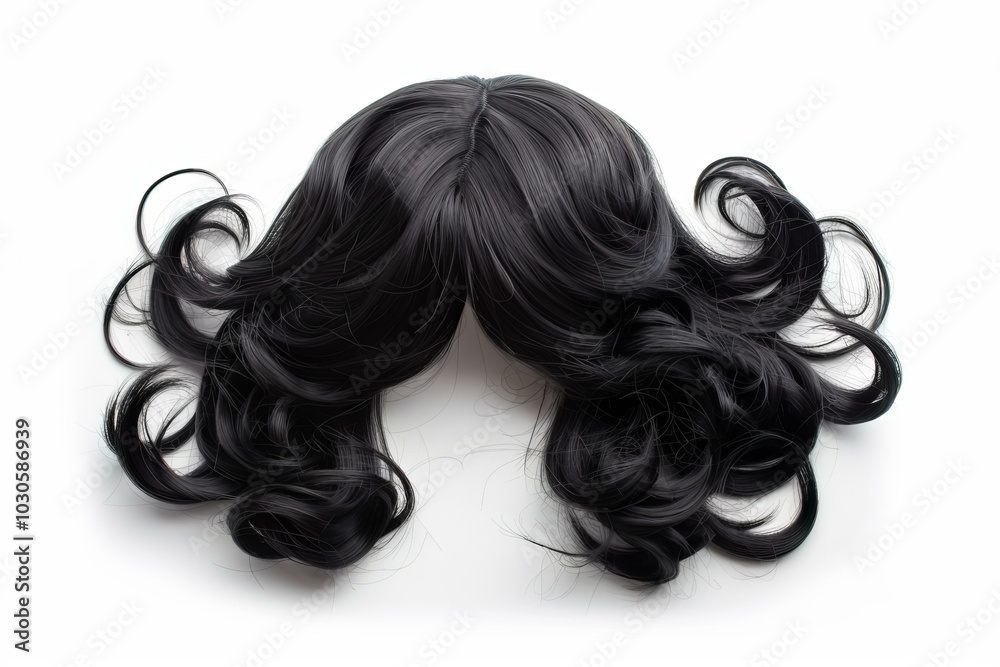 Black synthetic hair wig with curls lying on a white background Black synthetic hair wig with curls lying on a white background
