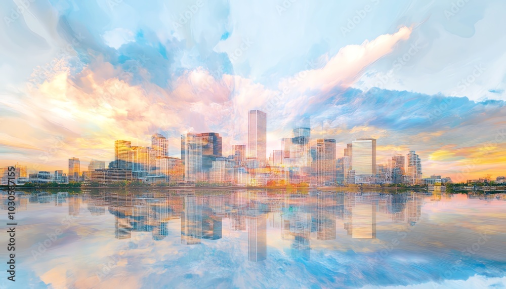 Fototapeta premium Minimalist skyline, dramatic clouds swirling, vibrant colors reflecting climate change, urban landscape evokes curiosity, breathtaking panoramic view