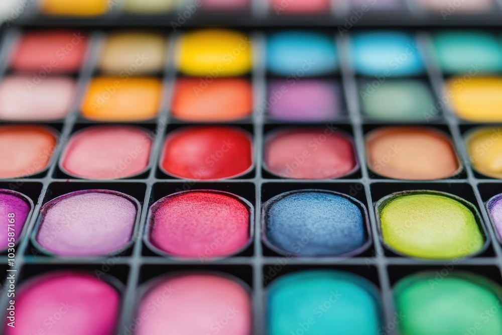 Vibrant palette of colors showcasing artistic expression through stunning eyeshadow cosmetics in organized arrangement for makeup lovers