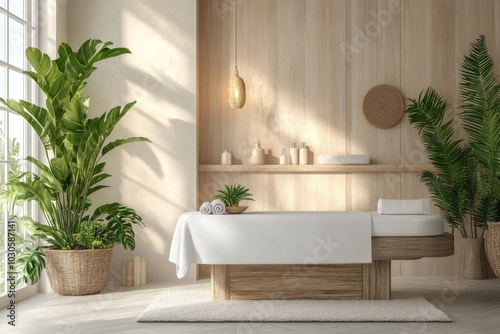 Minimalist Spa Interior Design with White Towels Plants and Wooden Accents