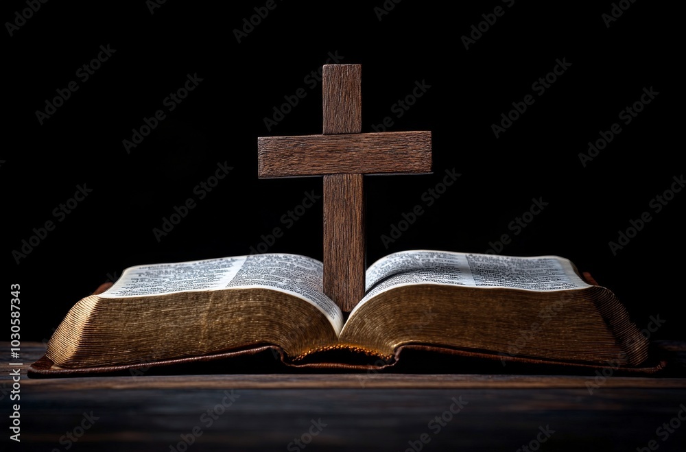 A wooden cross stands on an open Bible in a dimly lit room during evening hours A wooden cross stands on an open Bible in a dimly lit room during evening hours