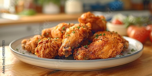 In a warm and bright kitchen setting, fried chicken is served on a plate.