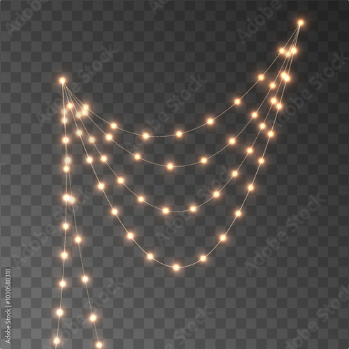 The Christmas garlands are available in a transparent vector background format. This set of Christmas glowing garlands is suitable for use in advertising invitations, web banners and postcards. 