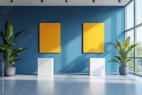 Modern Minimalist Interior Design with Blue Wall Yellow Canvas and White Pedestals