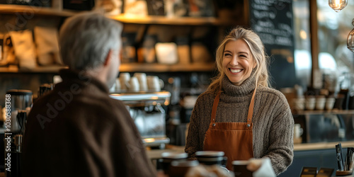 Cheerful barista serving customer a cup of coffee at coffee shop. Happy cafe employee standing by a counter waiting for payment. Helping client at checkout.