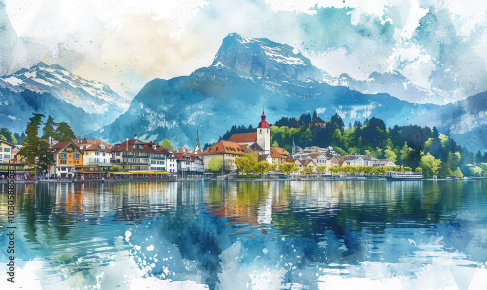 Naklejka premium Watercolor village Weggis, lake Lucerne , Pilatus mountain and Swiss Alps in the background near famous Lucerne city, Switzerland