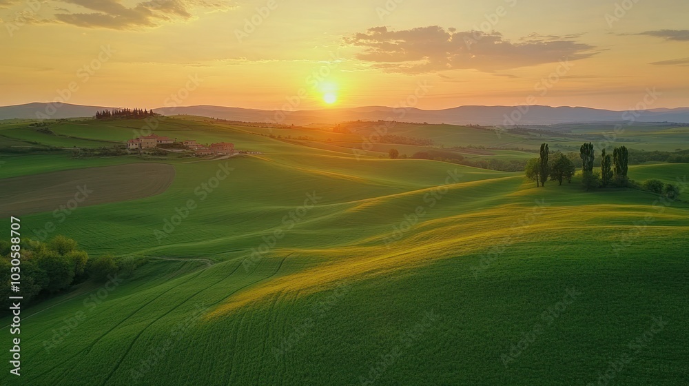 A serene sunset over rolling green hills, creating a tranquil landscape. A serene sunset over rolling green hills, creating a tranquil landscape.