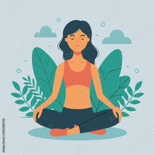 Woman meditating in lotus position.  Illustrated woman in lotus pose meditating with nature background