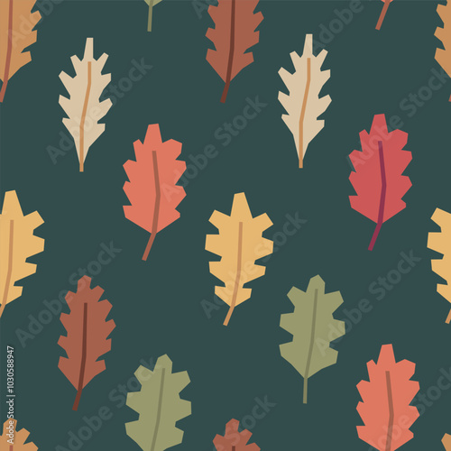 Seamless pattern of colorful autumn oak leaves in cutout style on dark green background. Simple geometric botanical elements. Fall vector design for textile, wallpaper, wrapping paper.