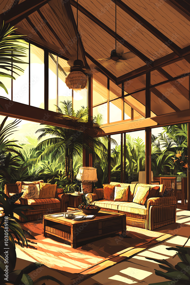 Fototapeta premium A tropicalstyle house with high ceilings and open rafters to promote airflow