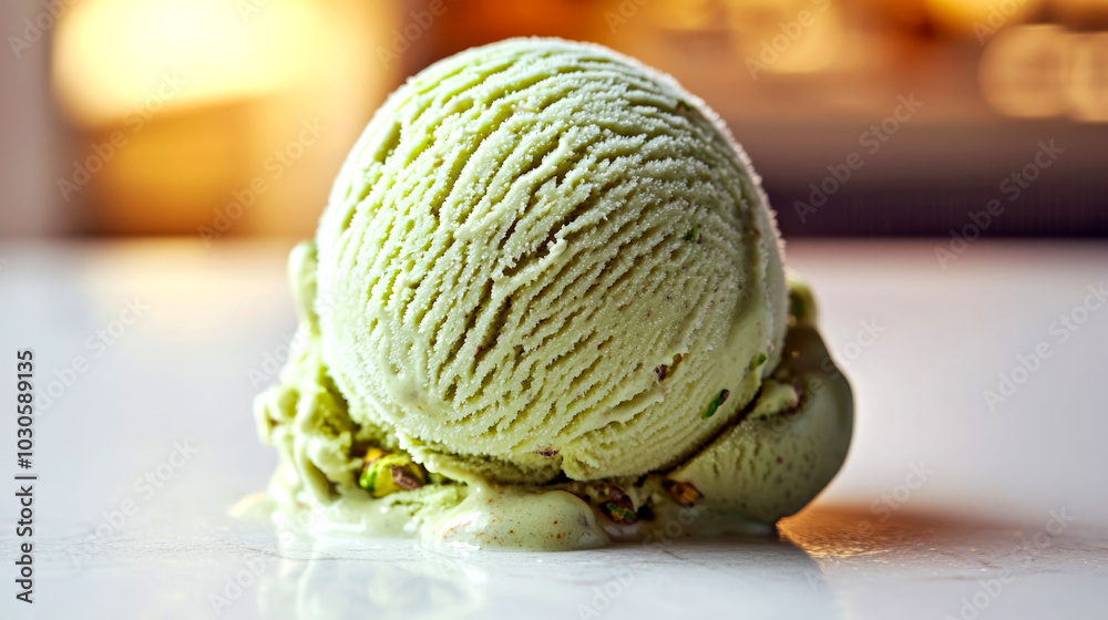 Fototapeta premium Melting green ice cream on a surface.