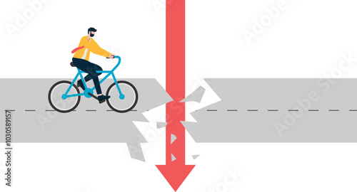 A businessman's path forward shattered by falling arrows, a destroyed road,

