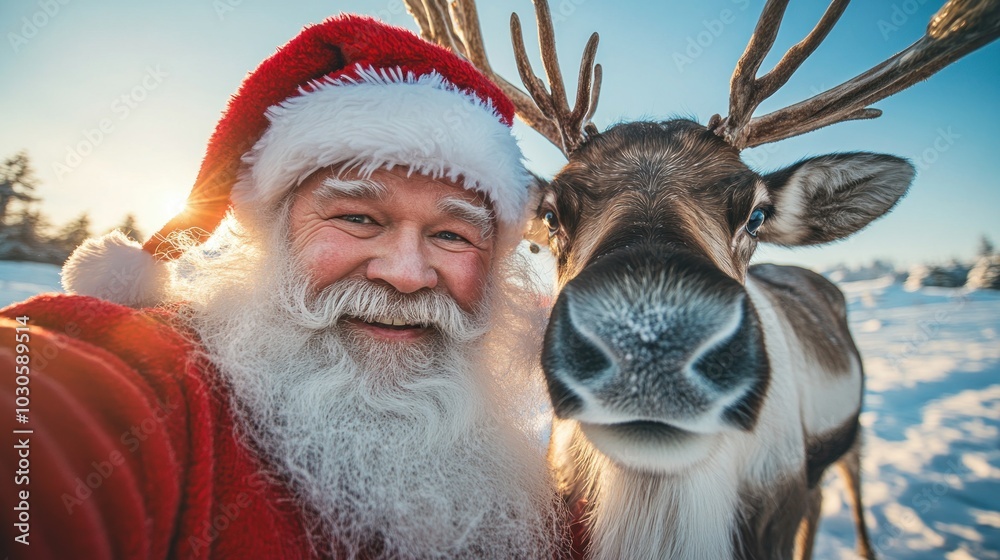 Santa Claus takes a selfie with a reindeer Santa Claus takes a selfie with a reindeer