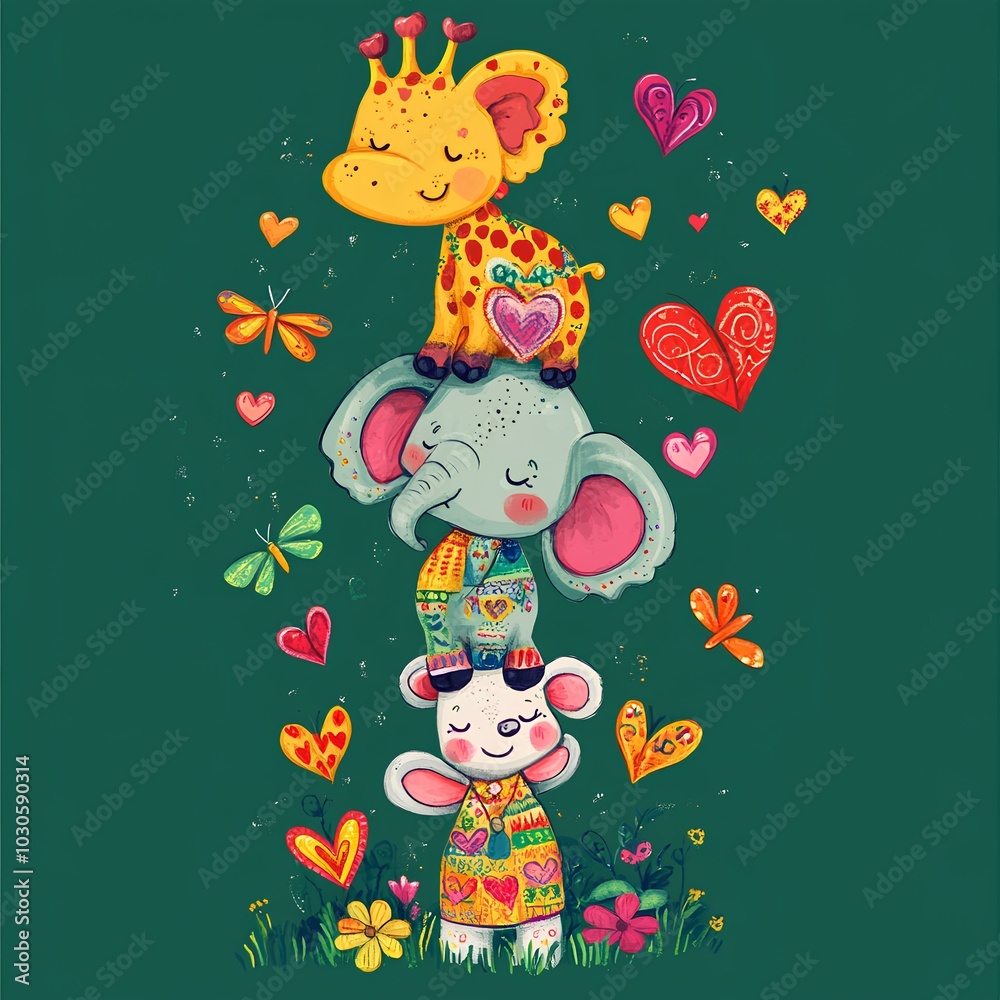 Fototapeta premium Playful Cartoon Animals Stack with Elephant, Giraffe, and Mouse - Children’s Art