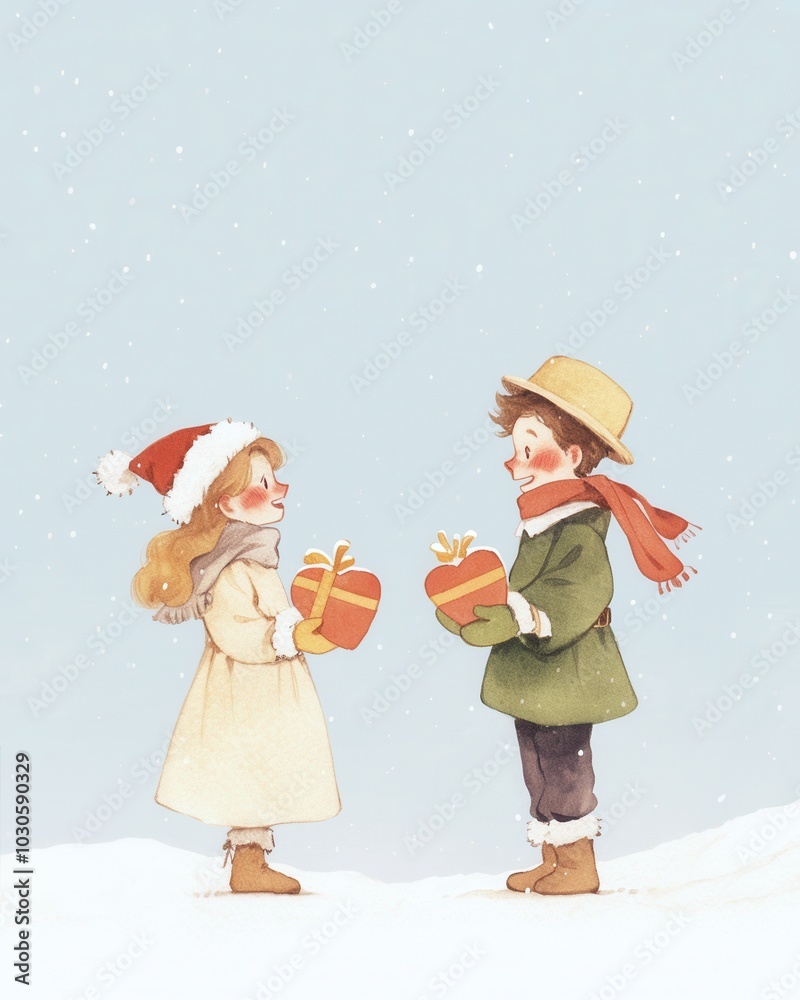 Obraz premium Little kids exchanging a heart-shaped gift, winter cuteness, festive joy