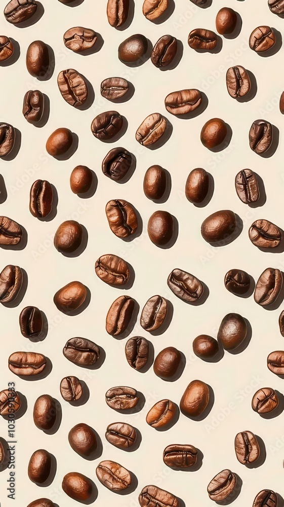 Coffee beans on beige background. Flat lay, top view.