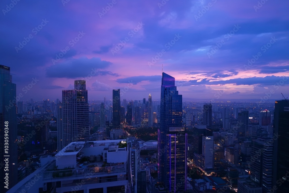 Obraz premium Captivating City Skyline at Dusk - Vibrant Urban Cityscape Glows Under Dramatic Sky Background