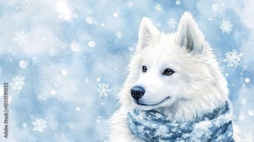 Majestic Samoyed Dressed in Snowflake Scarf on Icy Blue Watercolor Background