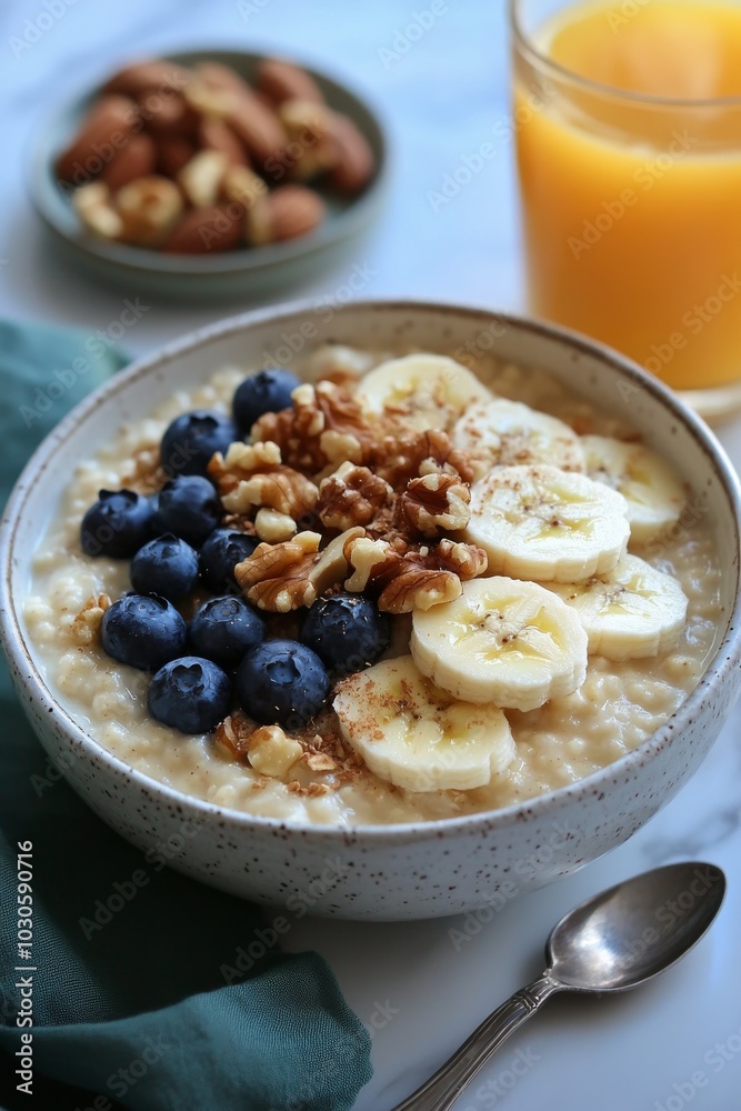 Healthy breakfast bowl with oatmeal, banana, blueberries, and walnuts beside a fresh orange juice Healthy breakfast bowl with oatmeal, banana, blueberries, and walnuts beside a fresh orange juice
