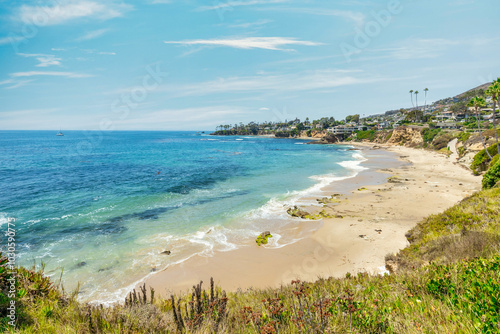 Beautiful landscape of Laguna Beach ocean coastline with palm trees in Treasure Island Park, Orange County, California, USA