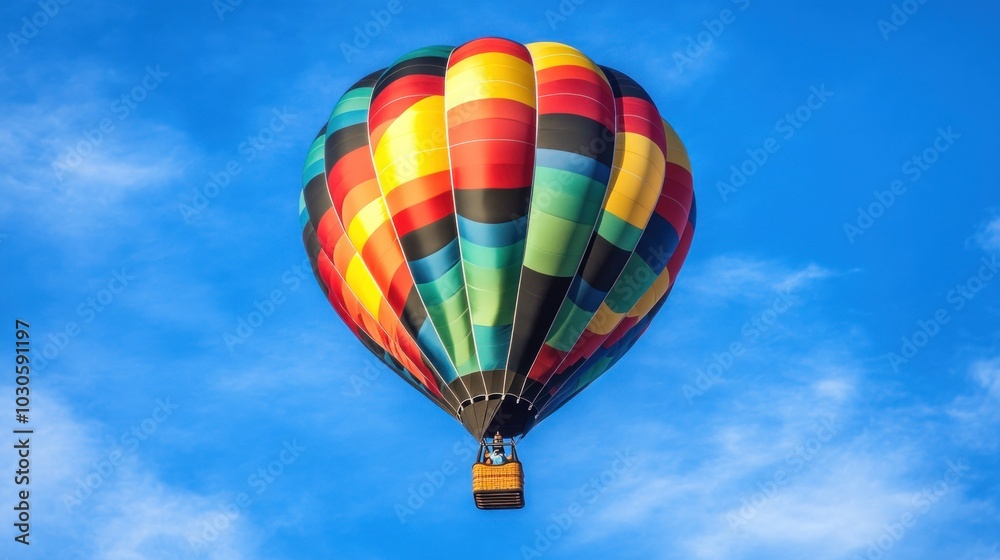 Fototapeta premium A colorful hot air balloon soaring against a clear blue sky.