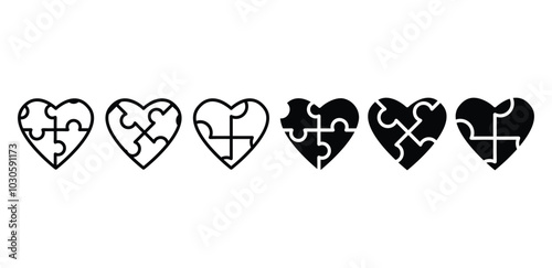 set of puzzle heart icon symbol sign vector design black white color outline black fill illustration collections
