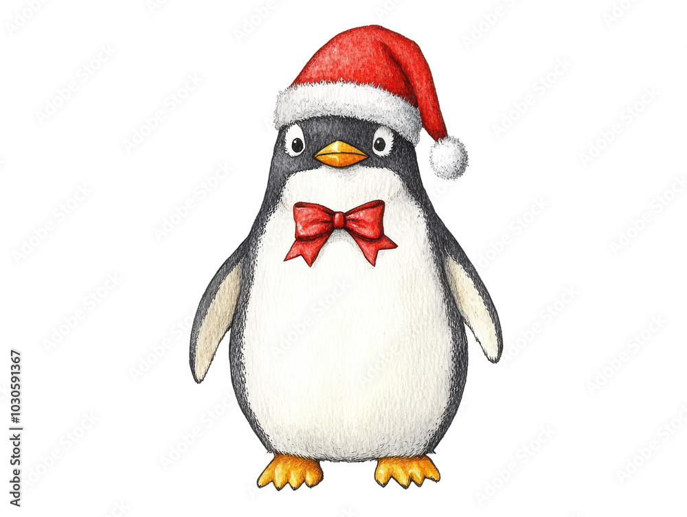 Fototapeta premium Cute Penguin in Santa Hat with Red Bow Tie Illustration on Transparent Background 
