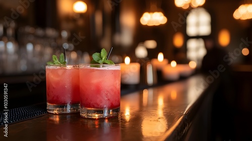 Vampire-Themed Bar Counter with Blood-Red Drinks and Eerie Chandeliers - Dark Fantasy Mood in Candlelight with Black Velvet Drapery