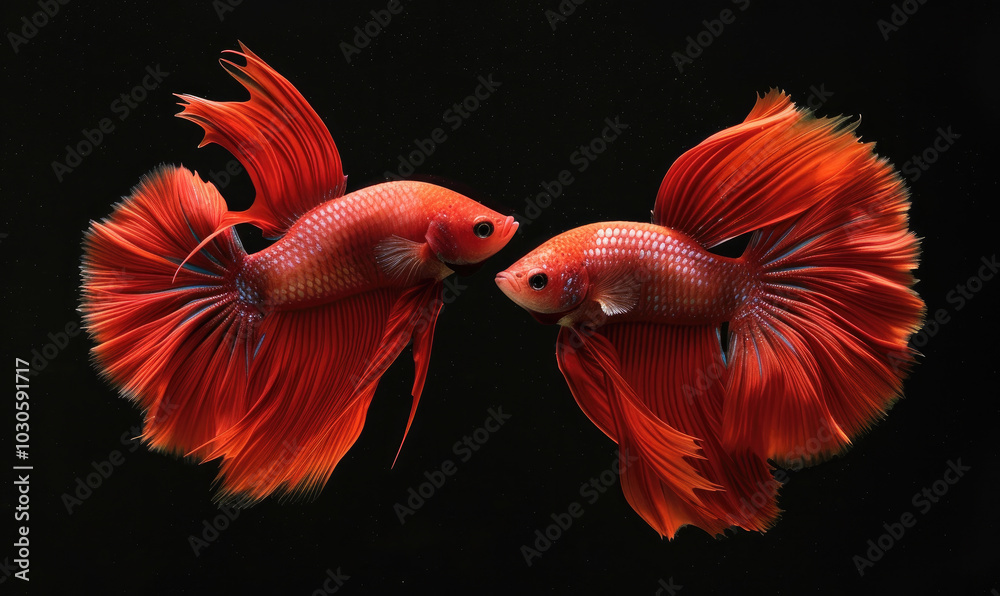 Naklejka premium Beautiful movement of red betta fish, Two Fancy Halfmoon Betta, The moving moment beautiful of Siamese Fighting fish, Betta splendens, Rhythmic of Betta fish isolated on black background