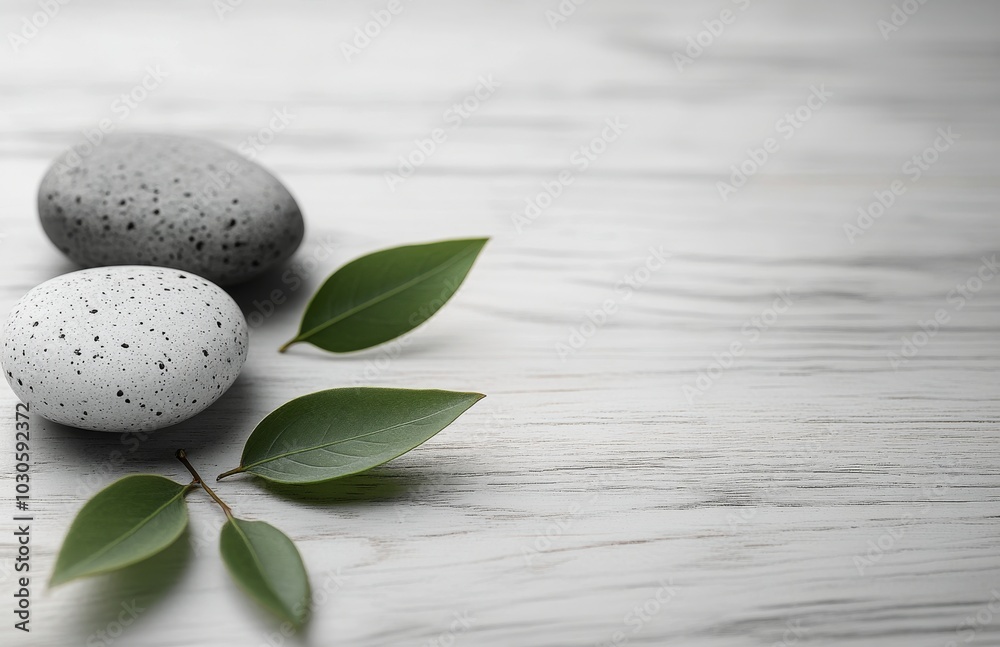 Relaxing stack of smooth stones with a green leaf on a wooden surface for wellness aesthetics Relaxing stack of smooth stones with a green leaf on a wooden surface for wellness aesthetics