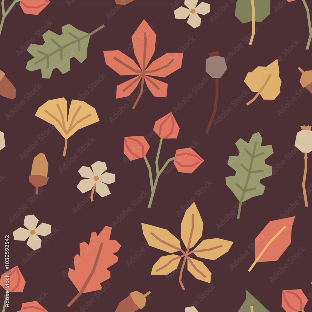Seamless pattern of autumn leaves, poppy pods, flowers, acorns in cutout style on brown background. Simple geometric botanical elements. Fall vector design for textile, wallpaper, wrapping paper Seamless pattern of autumn leaves, poppy pods, flowers, acorns in cutout style on brown background. Simple geometric botanical elements. Fall vector design for textile, wallpaper, wrapping paper