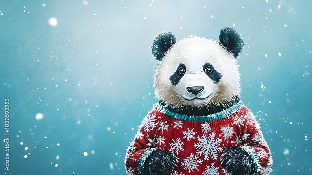 Whimsical Panda in Snowflake Sweater on Icy Blue Background Whimsical Panda in Snowflake Sweater on Icy Blue Background
