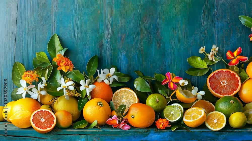 A variety of citrus fruits and blossoms rest on a blue wooden surface A variety of citrus fruits and blossoms rest on a blue wooden surface