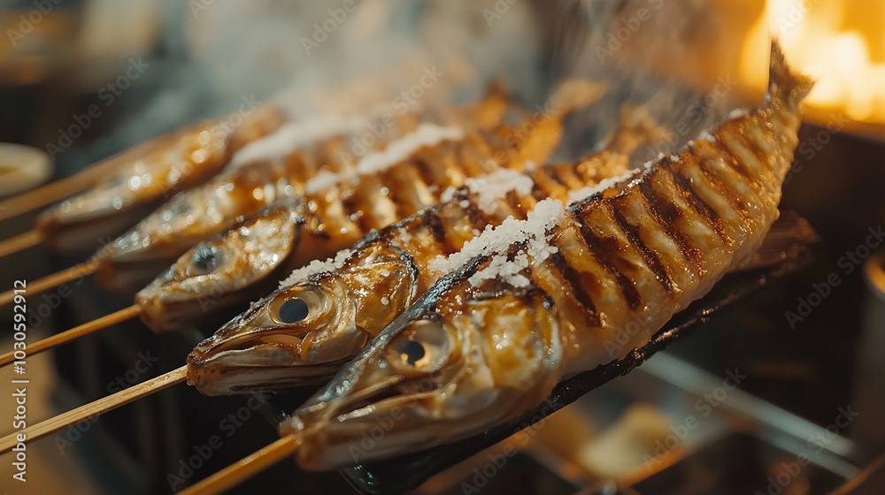Salt-grilled skewered ayu fish, crispy and golden Salt-grilled skewered ayu fish, crispy and golden