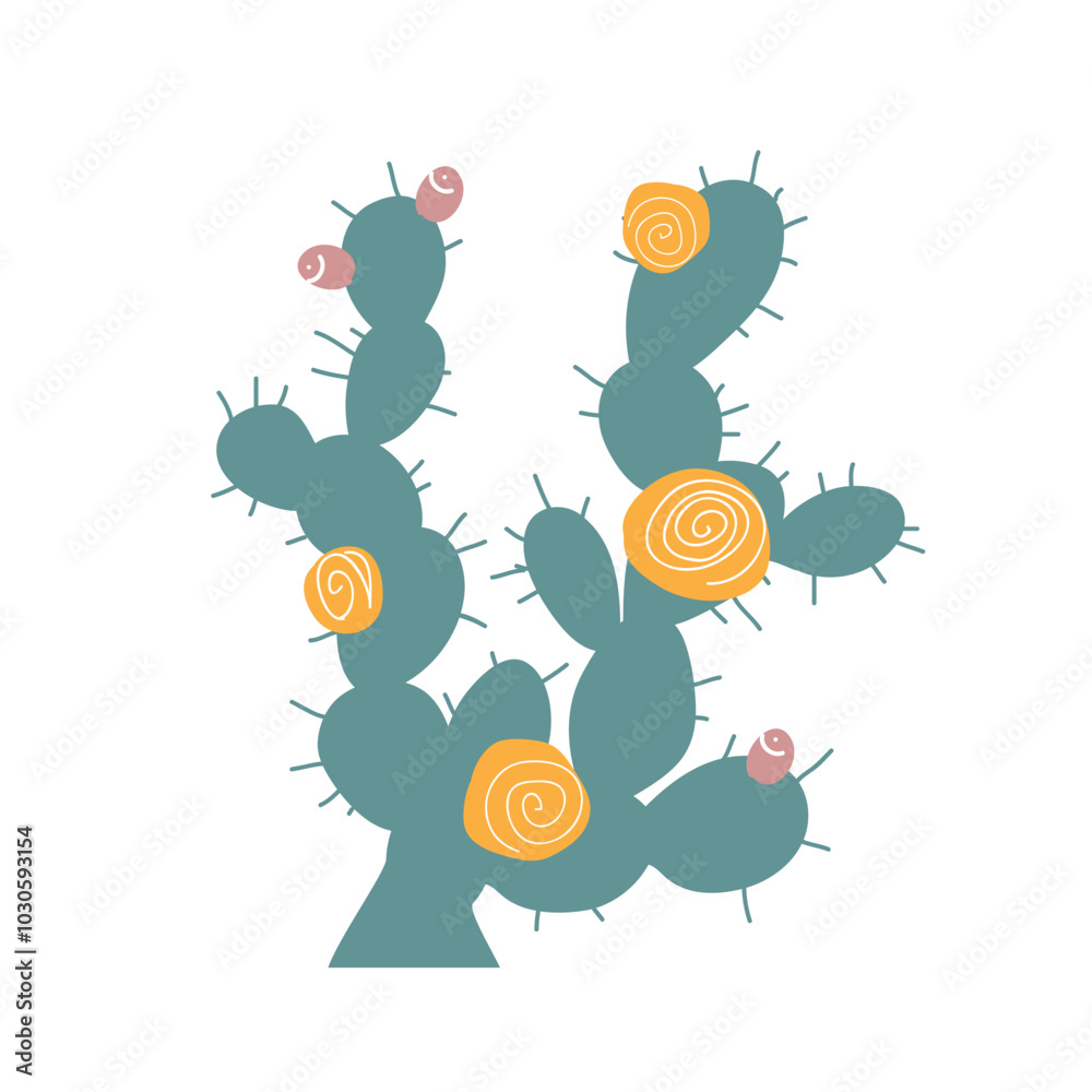 Obraz premium Opuntia cactus, doodle isolated illustration. Cartoon prickly pear plant vector.