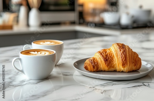 Pair of coffee cups with a buttery croissant on a marble table in a modern kitchen setting