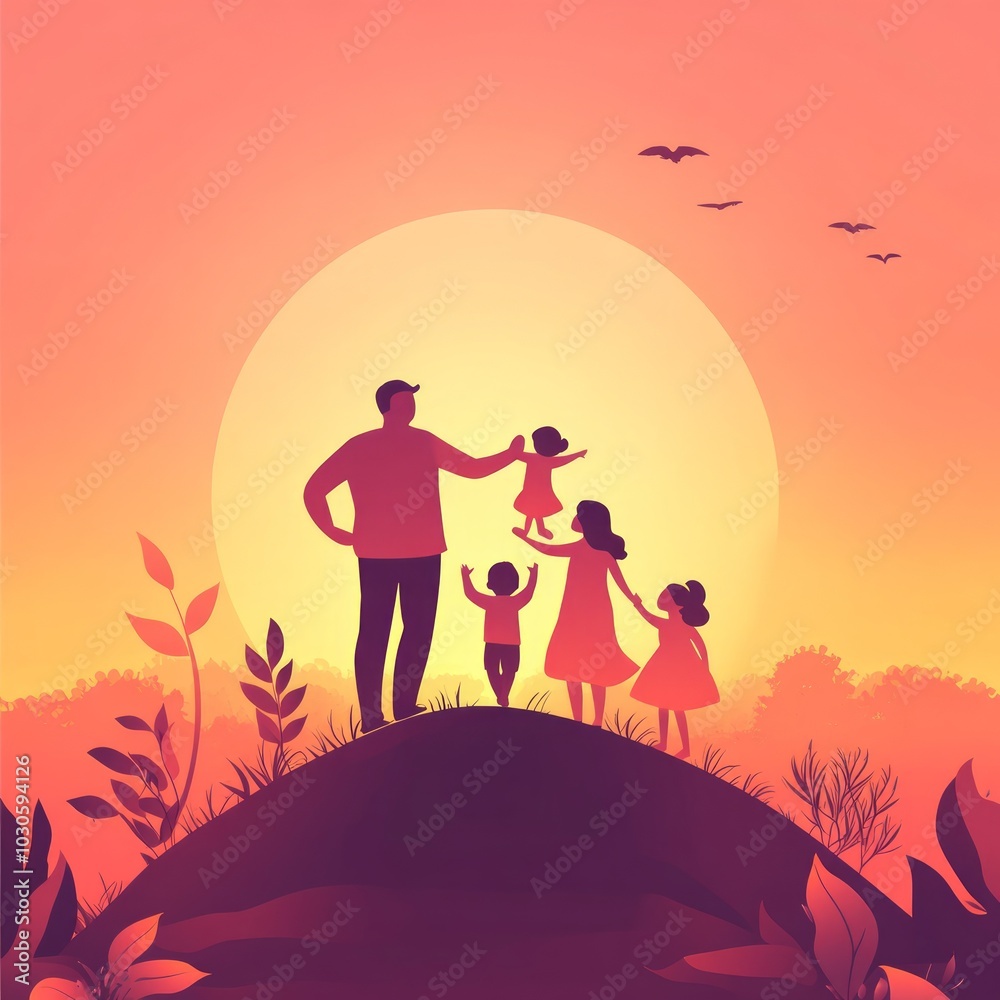 A silhouetted family enjoying a sunset on a hill, symbolizing togetherness and joy. A silhouetted family enjoying a sunset on a hill, symbolizing togetherness and joy.