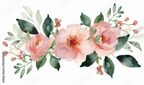 Bouquet made of pink watercolor flowers and green leaves, wedding and greeting