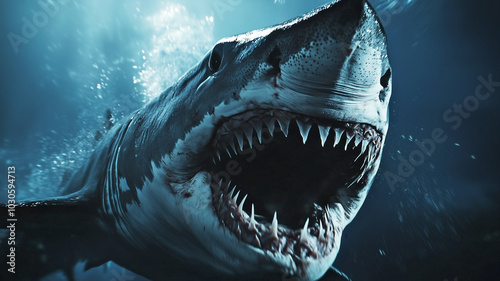A predator great white shark with its massive jaws and endless sharp teeth terrorizes its victim as it closes in.