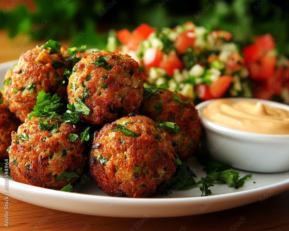 A plate of golden, crispy falafel balls garnished with parsley, accompanied by fresh salad and a creamy dip, showcasing a delicious Mediterranean dish. A plate of golden, crispy falafel balls garnished with parsley, accompanied by fresh salad and a creamy dip, showcasing a delicious Mediterranean dish.