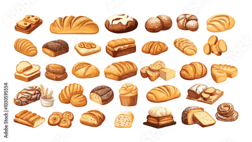 Breads pastries cartoon vector set. Flatbreads puff bagels bun seasonings rye white seeds flour dough crusts products delicious food bakery isolated illustrations
