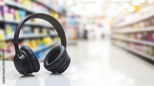 Sleek black headphones on white background, attractively positioned with slight tilt, symbolizing a sale, emphasizing modern design and audio technology.