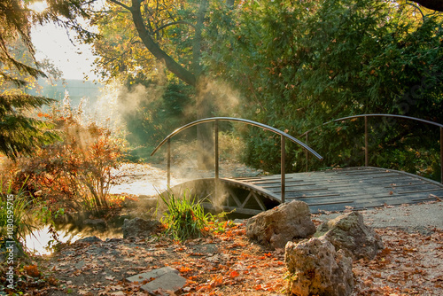 Autumn in the park. Bridge in the park at sunrise. Margaret Island (Margit-sziget island). Budapest, Hungary photo